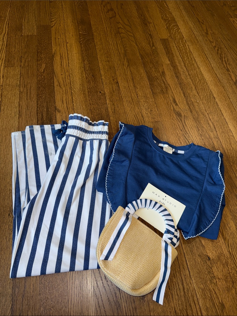 Max Studio Navy Blue Top with White & Navy Striped Pants and Straw Bag